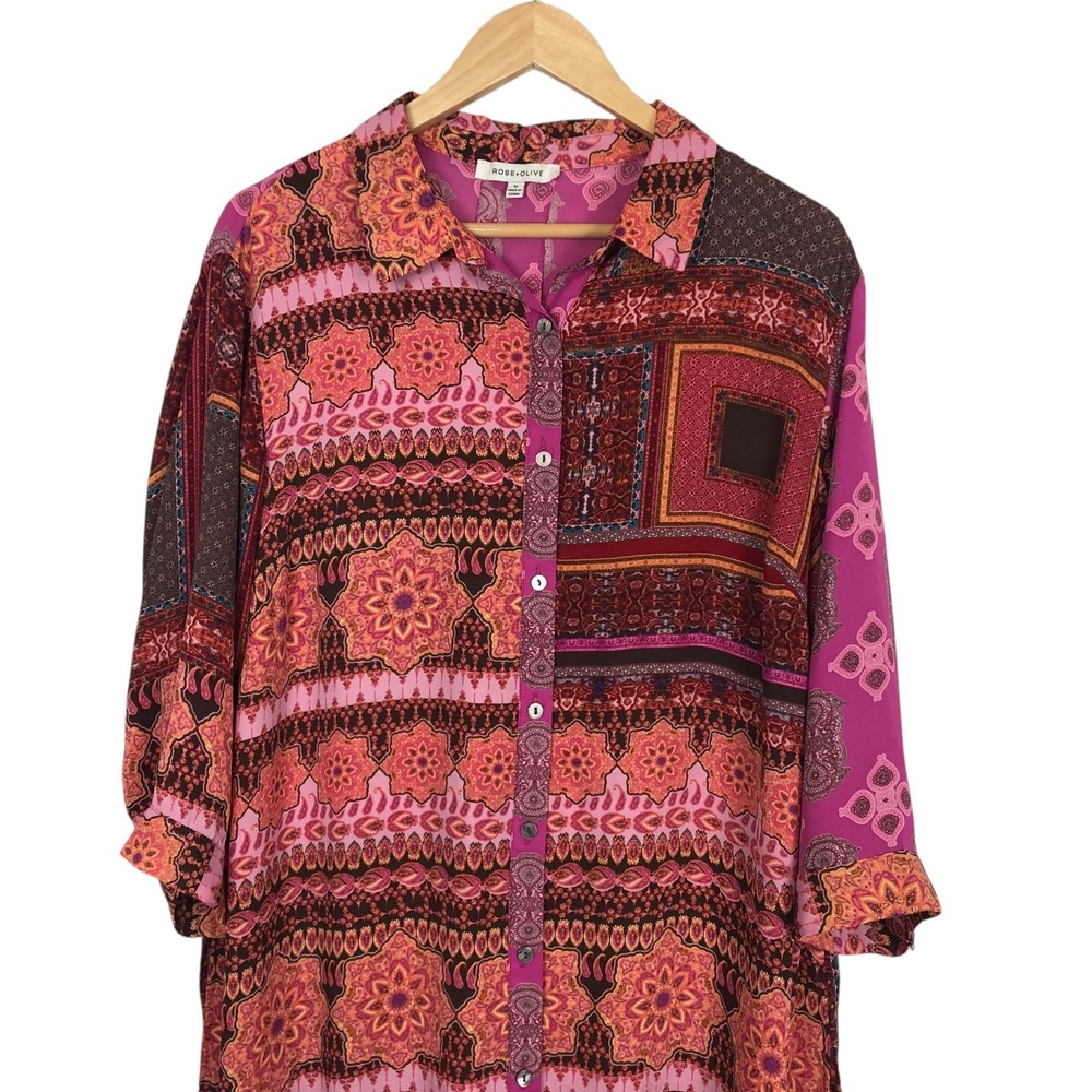 Rose + Olive Tunic Top Size 1X Button Up Floral Paisley‎ Print Shirt Boho Artsy - Picture 2 of 8